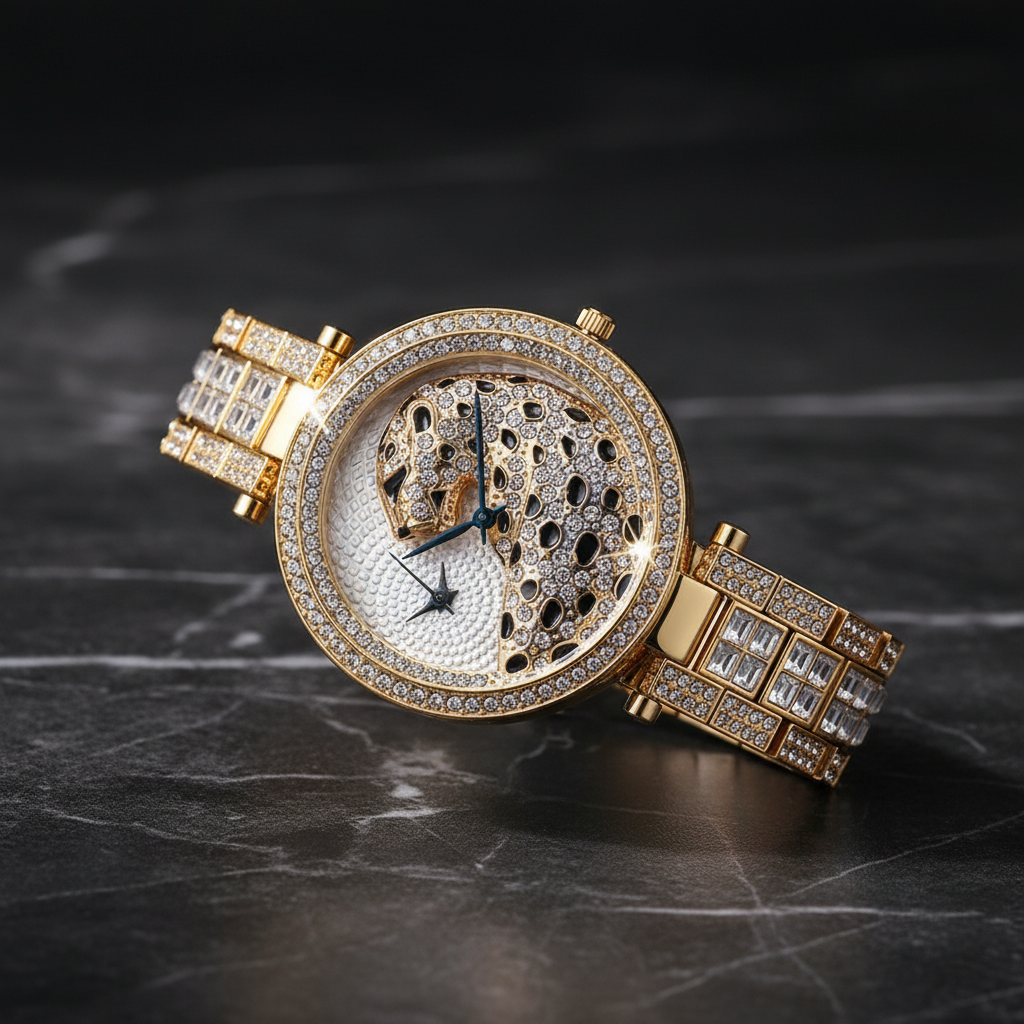 Bling Leopard Crystal Quartz Watch — V227-GSB Gold Silver Black variant