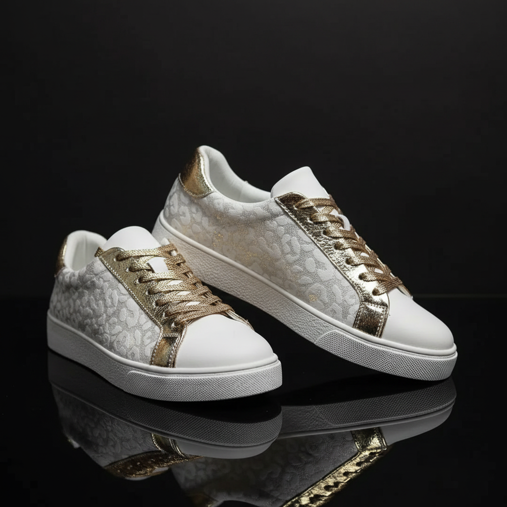 Leopard print white PU lace-up sneakers on dark moody background - FireDrips