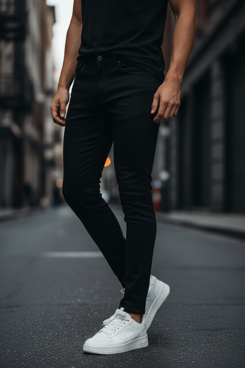 Valabasas Edge Skinny Jeans Jet Black — urban lifestyle street shot