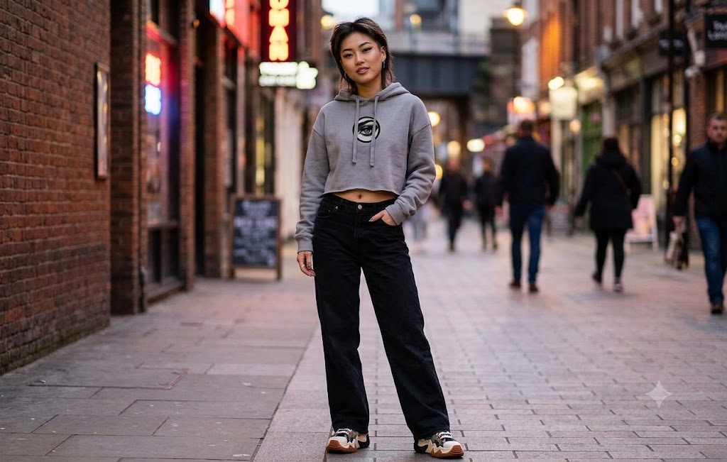 K-Pop Eyes Cropped Fleece Hoodie — Graphic Streetwear Crop Sweatshirt | FireDrips