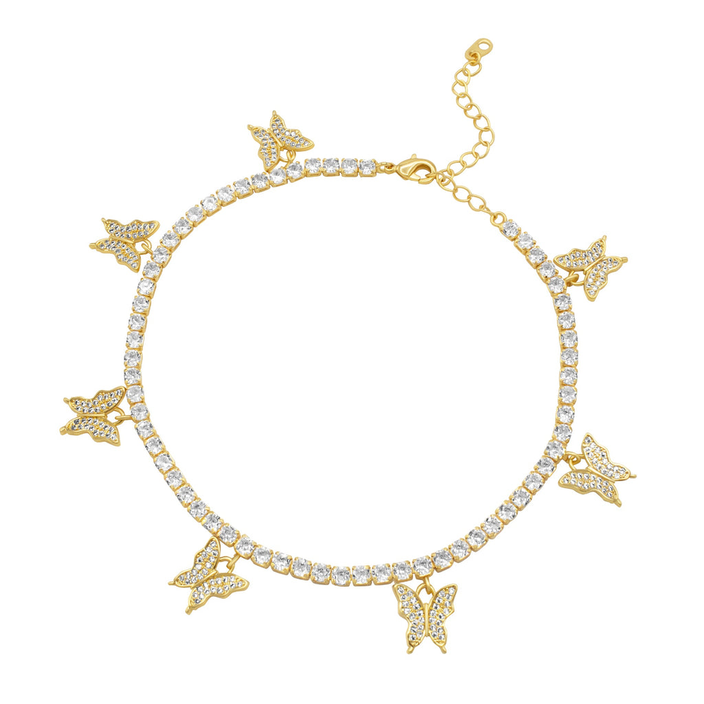 Butterfly Tennis Anklet — 14K Gold & Silver Plated 3mm Cubic Zirconia Women's Foot Bracelet 9"