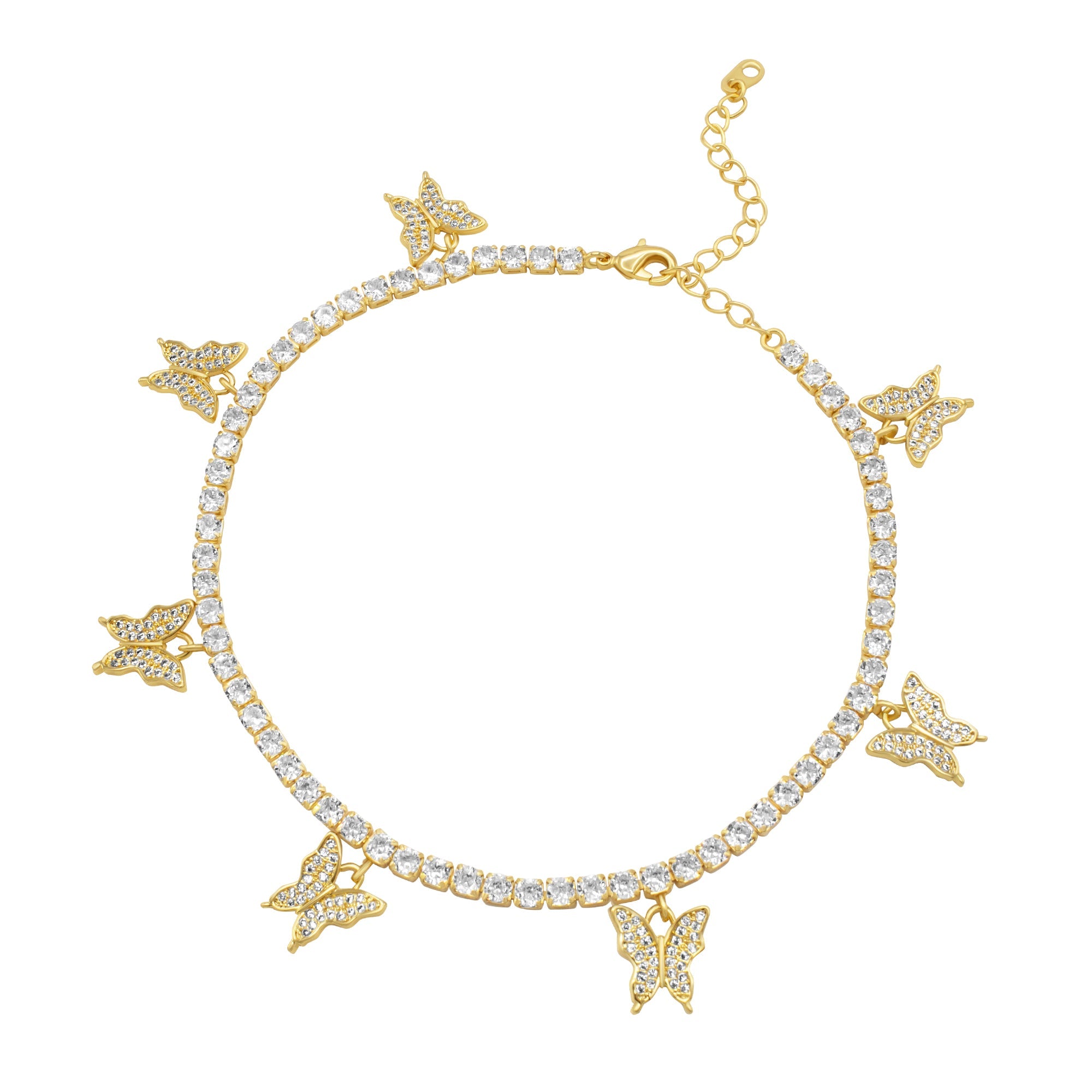 Butterfly Tennis Anklet — 14K Gold & Silver Plated 3mm Cubic Zirconia Women's Foot Bracelet 9"