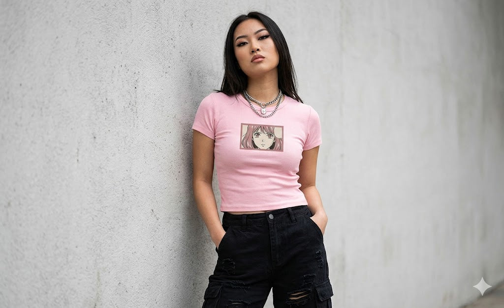 Anime Girl Graphic Baby Tee — Micro Ribbed Streetwear Crop Top | FireDrips