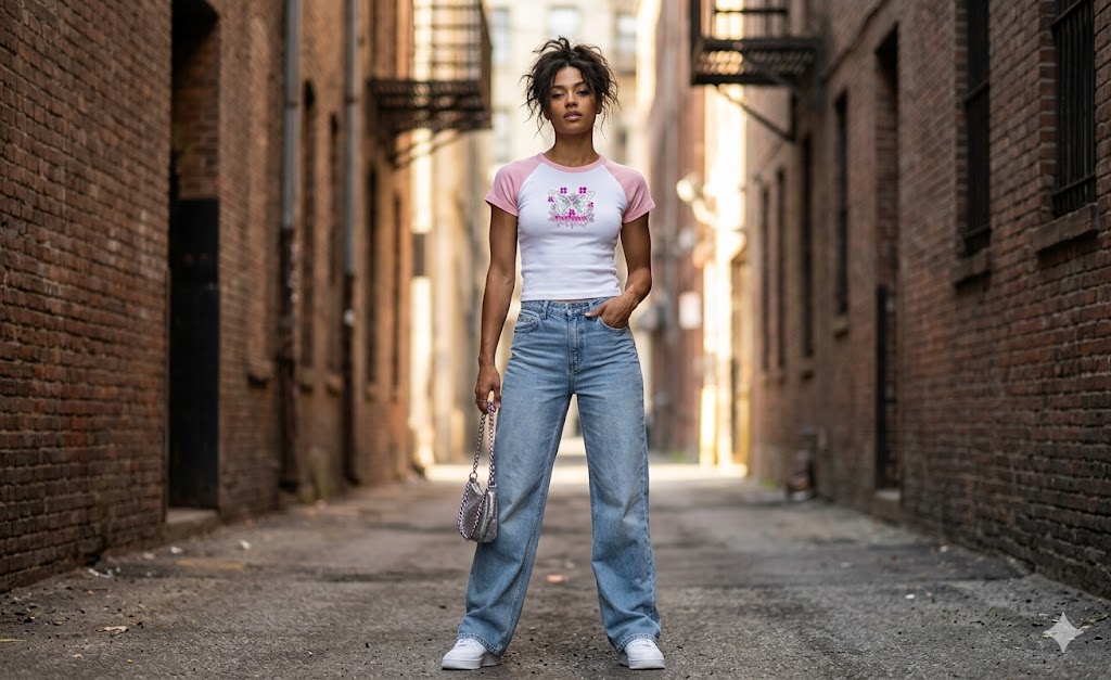 Pink Butterfly Raglan Baby Tee — Micro Ribbed Streetwear Crop Top | FireDrips