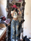 Plus Size American High Street Wide Leg Ripped Denim Women's Summer Retro High Waist Straight-leg Loose Mop Pants Pants