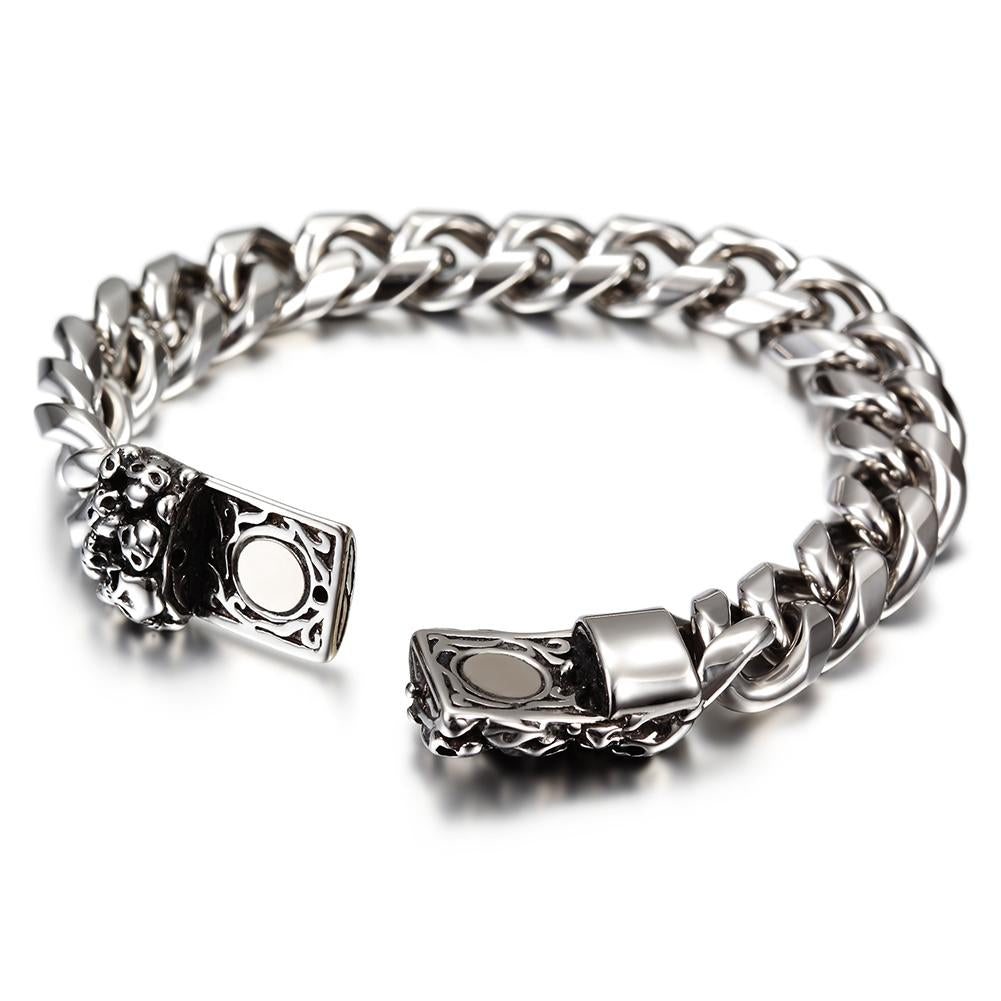 Heavy Skull Cuban Link Chain Bracelet in Stainless Steel