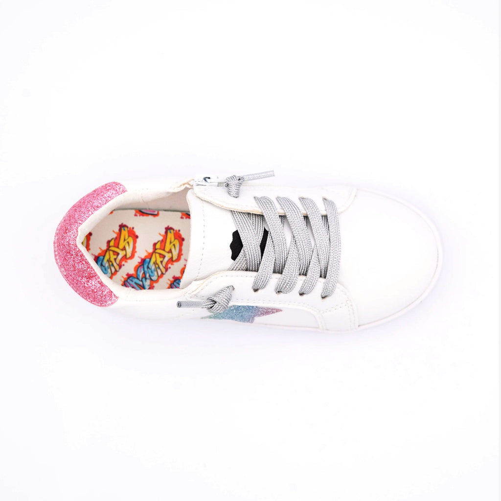 Jaymes Pastel Rainbow Sneakers — Kids & Youth Zipper Sneakers with Rainbow Star Patches, Toddler to Size 37