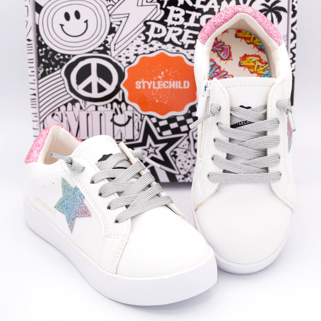Jaymes Pastel Rainbow Sneakers — Kids & Youth Zipper Sneakers with Rainbow Star Patches, Toddler to Size 37
