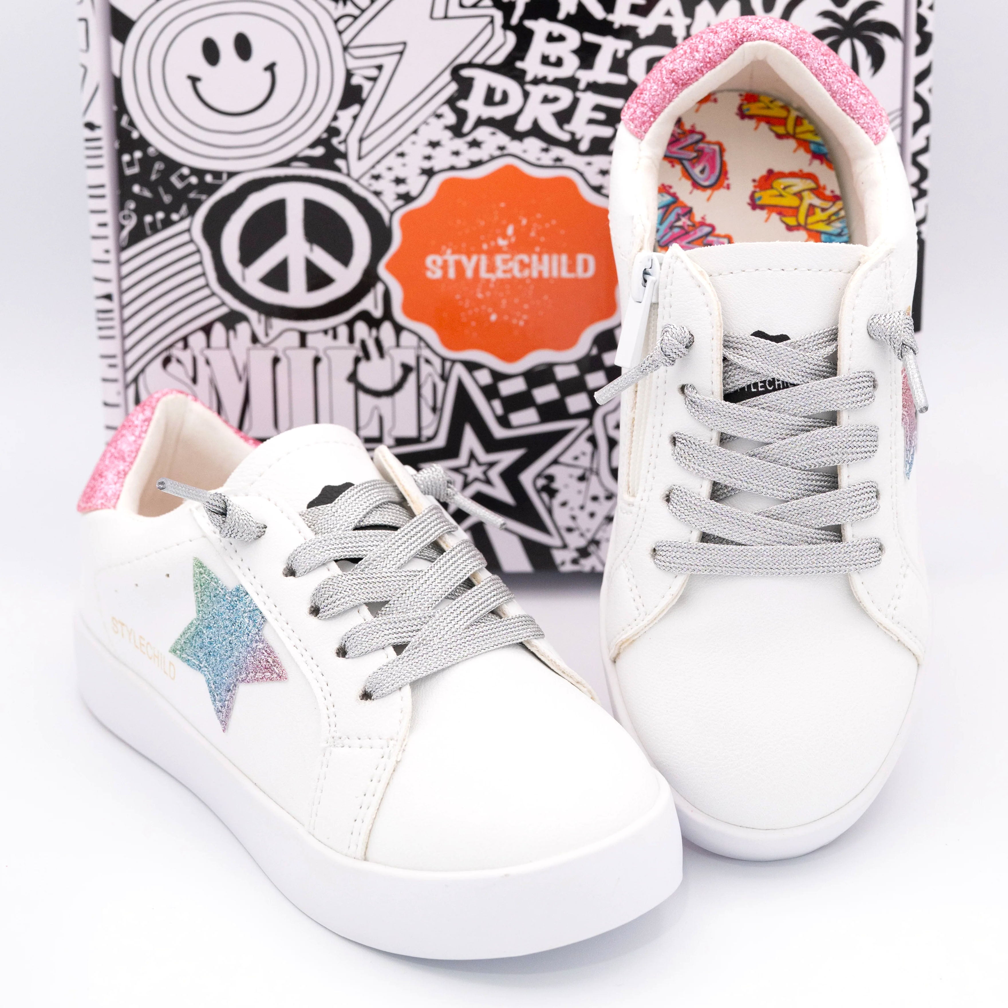 Jaymes Pastel Rainbow Sneakers — Kids & Youth Zipper Sneakers with Rainbow Star Patches, Toddler to Size 37