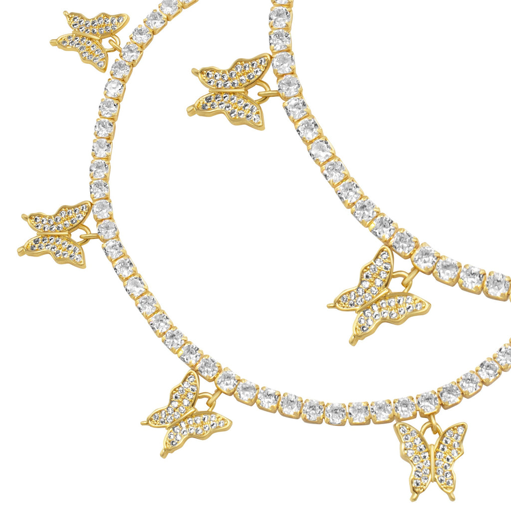 Butterfly Tennis Anklet — 14K Gold & Silver Plated 3mm Cubic Zirconia Women's Foot Bracelet 9"