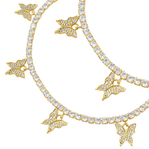 Butterfly Tennis Anklet — 14K Gold & Silver Plated 3mm Cubic Zirconia Women's Foot Bracelet 9"