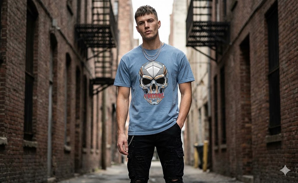 Tech Skull Garment-Dyed Crewneck Tee – Dark Streetwear by FireDrips
