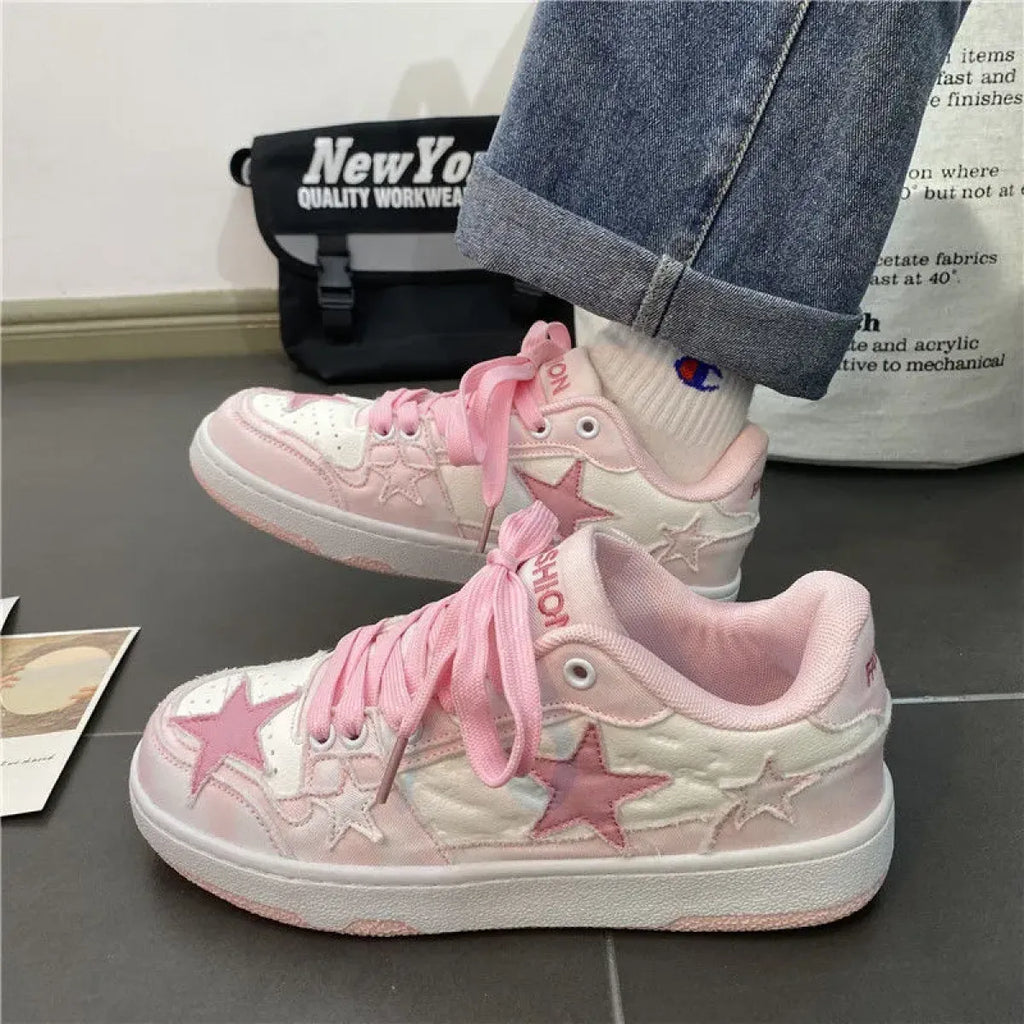 Women's Y2K Pink Flat Sneakers — Retro Low-Top Street Style Shoes, Pink & White, Sizes 35–44