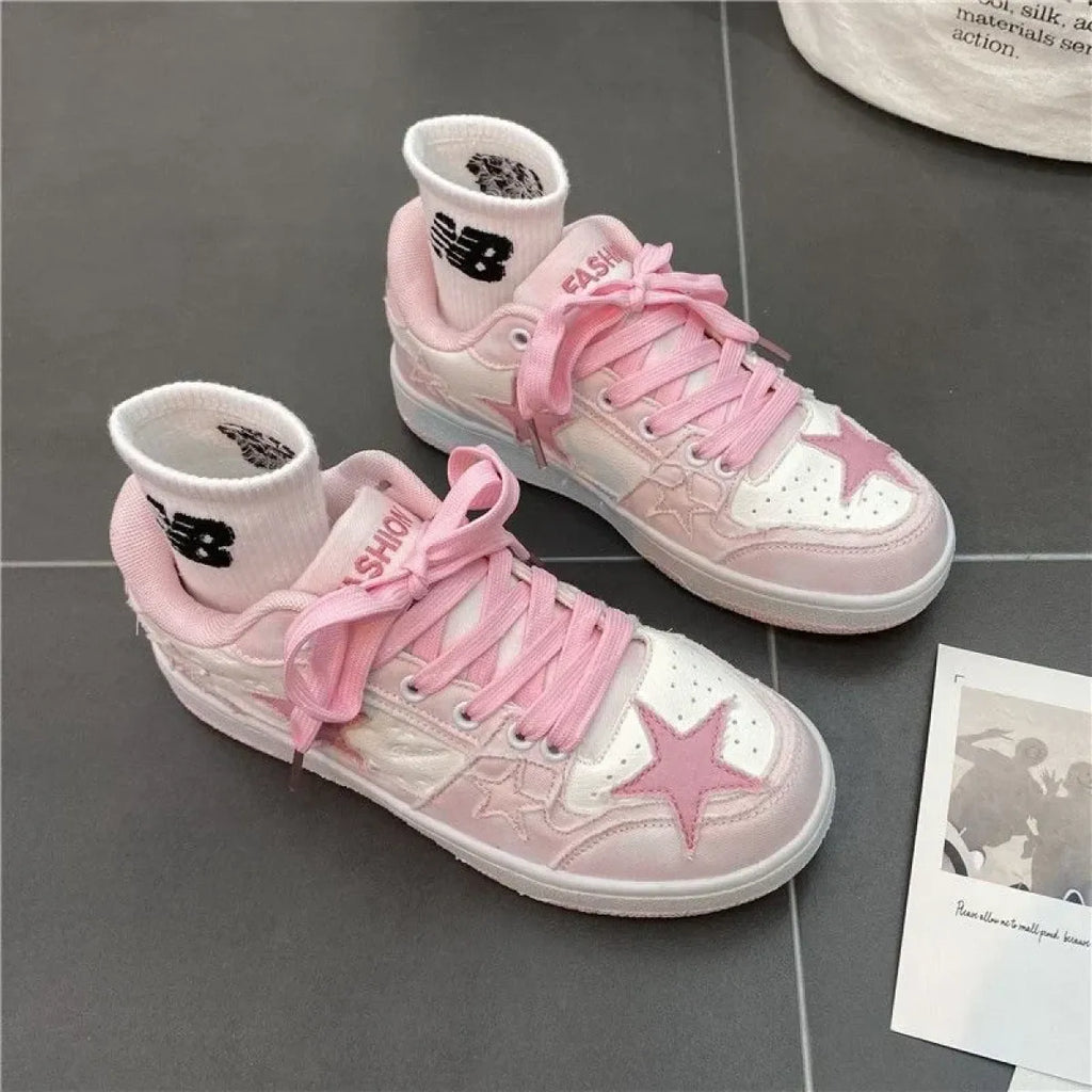 Women's Y2K Pink Flat Sneakers — Retro Low-Top Street Style Shoes, Pink & White, Sizes 35–44