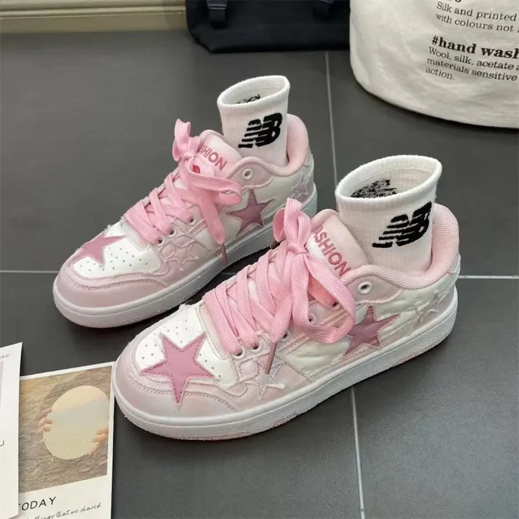 Women's Y2K Pink Flat Sneakers — Retro Low-Top Street Style Shoes, Pink & White, Sizes 35–44